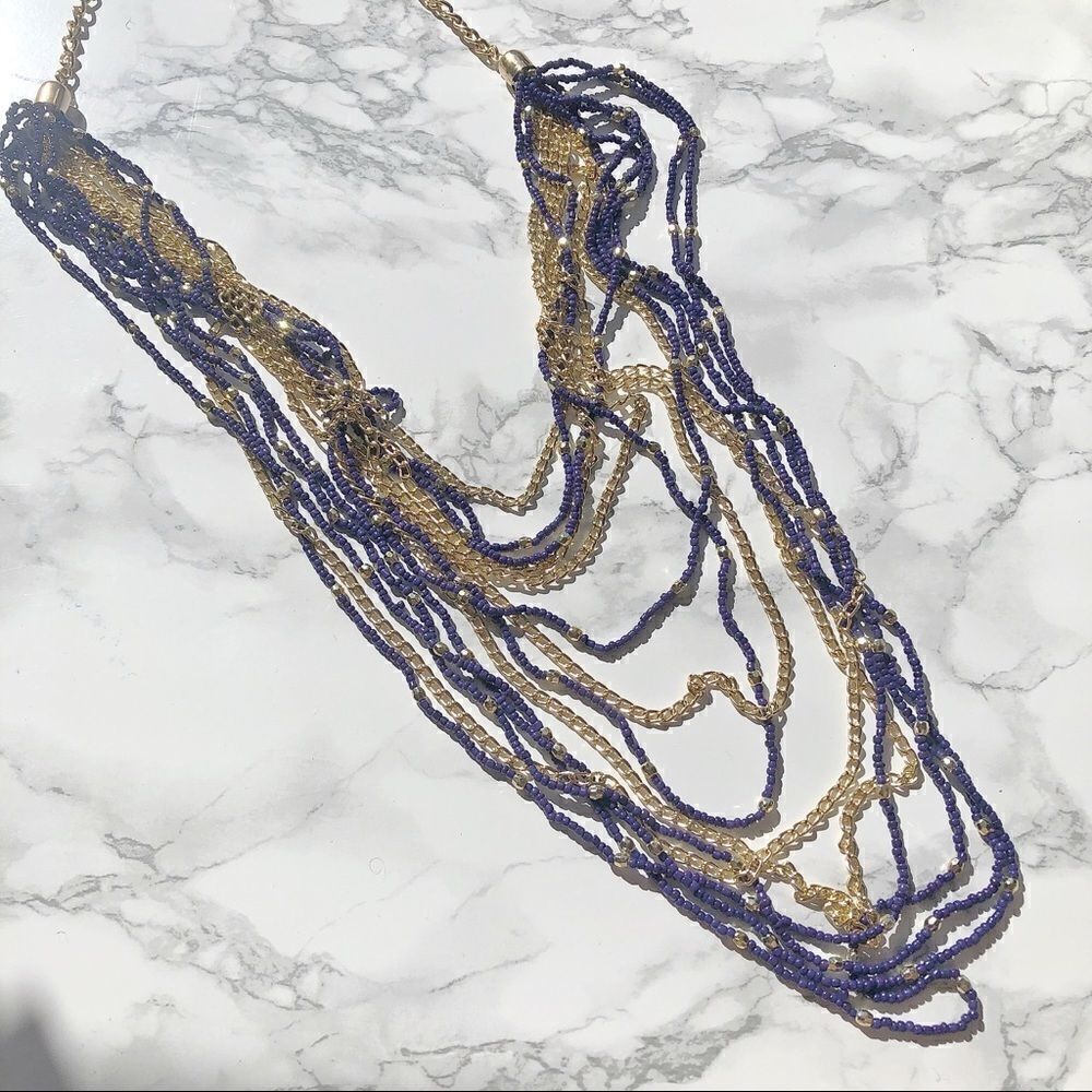 2/$20 Blue Gold Beaded Chunky Layered Necklace